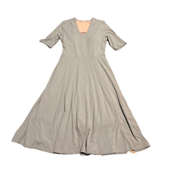 OGL Dresses & Skirts - OGL Stretch Cotton V-Neck Elbow Sleeve Midi Bra Dress Pockets Women L Gray NEW